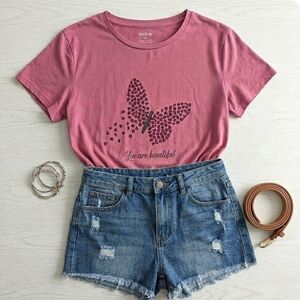 SHEIN Dusty Rose Butterfly Graphic Short Sleeve Tee,You Are Beautiful, XL